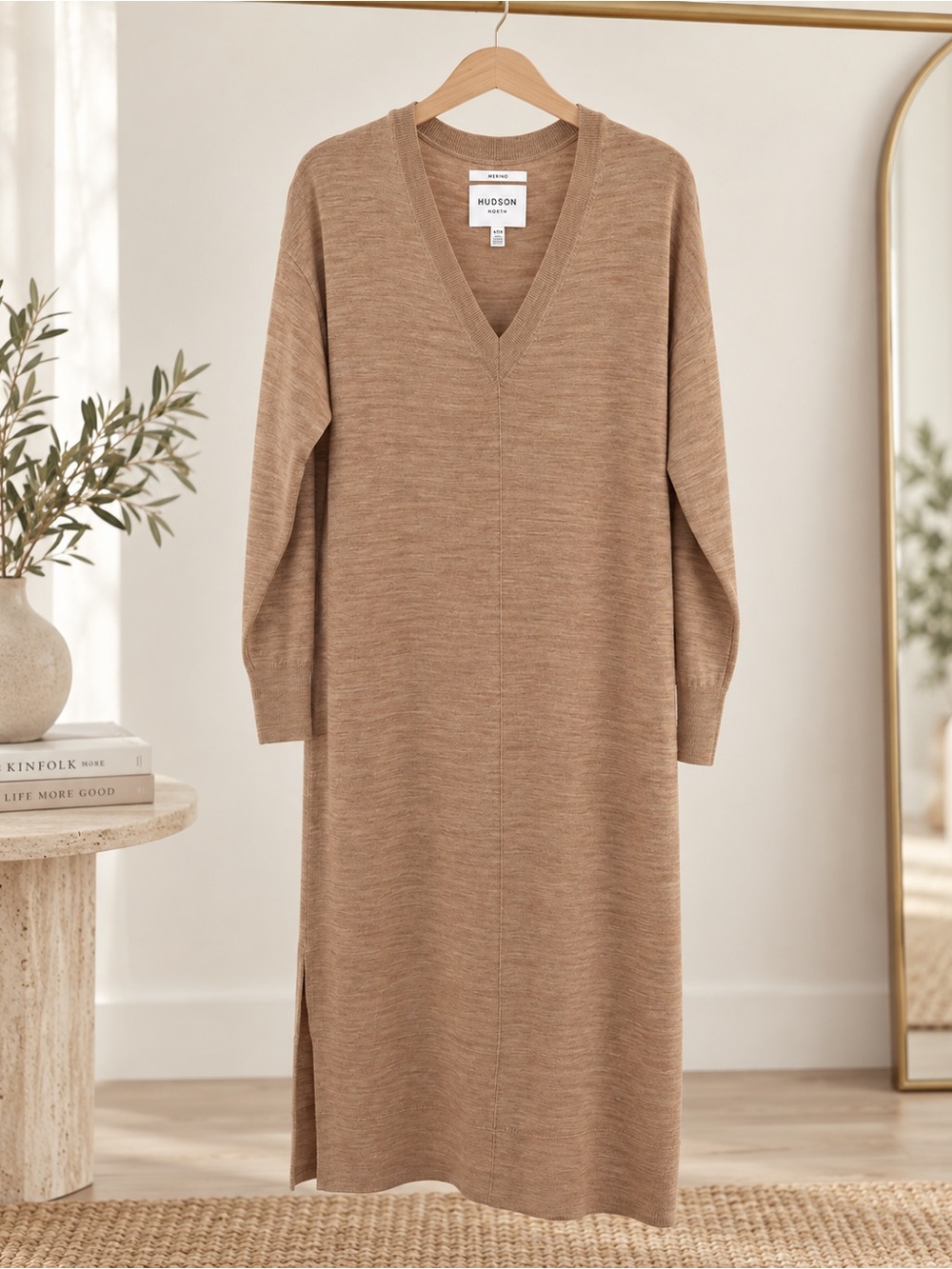 Hudson North 100% Merino Wool V-Neck Midi Dress XL Camel